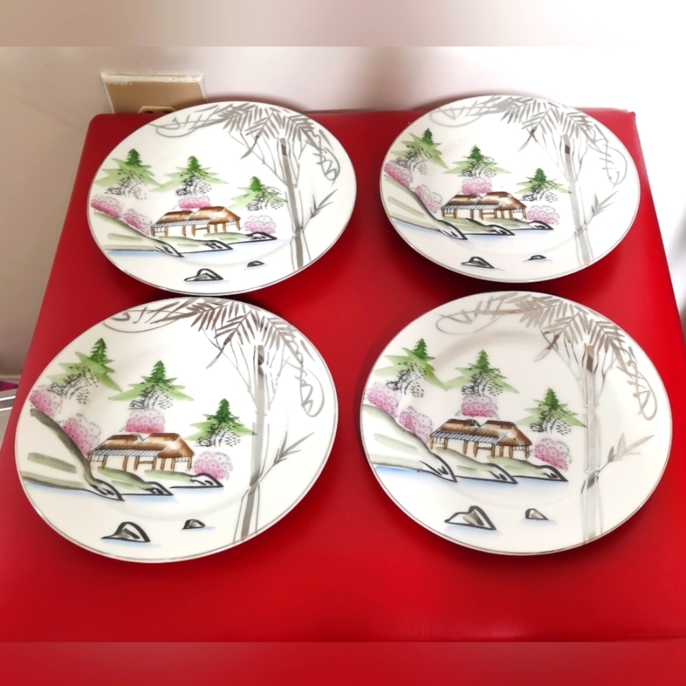 Set of 4 Japan Kutani Hand Painted Silver Bamboo House Water View Plates 6.5"